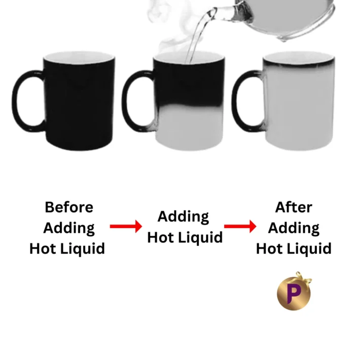 Before and after adding hot liquid in black magic mug at praila.com