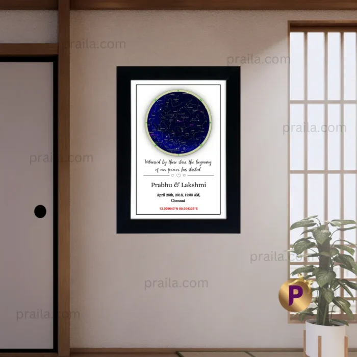 Sky star map black frame on wall